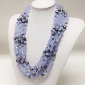 Multi Strand Mixed Gem and Pearl Statement Necklace in Purple with Earrings Set